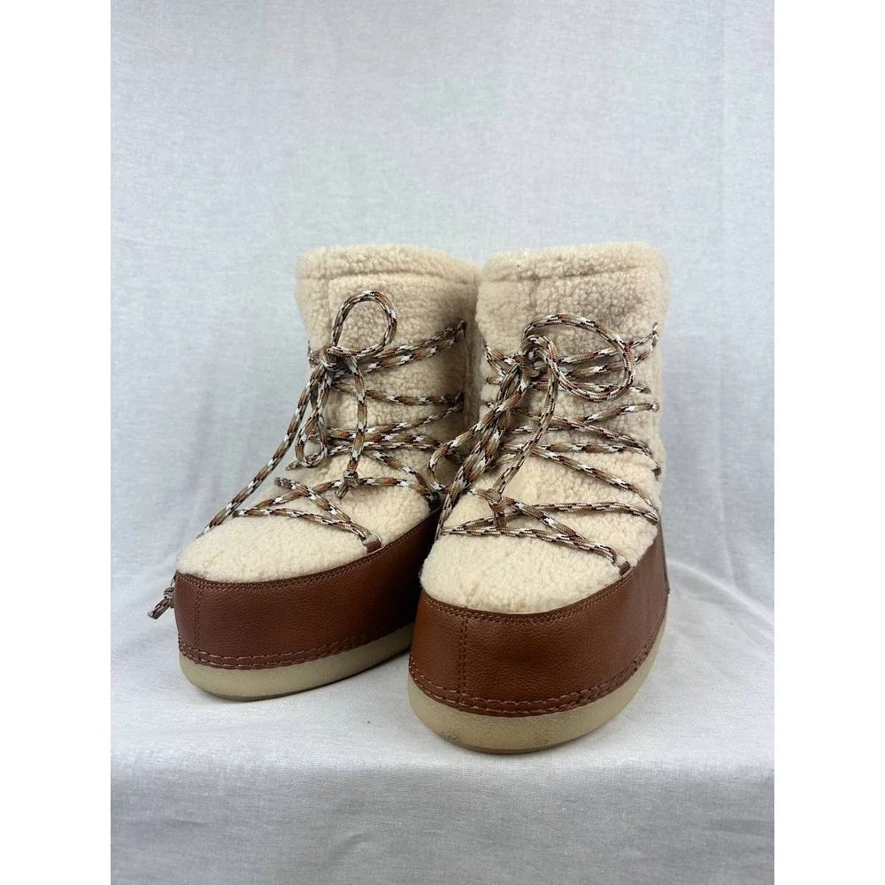 Universal Thread Womens Faux Shearling‎ Moon Boots Brown Cream Lace Up Size 8